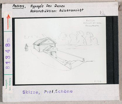 Vorschaubild Poitiers: Hypogée des Dunes. Hypogäum, Rekonstruktion, Aussenansicht. Skizze Wolfgang Schöne 1959 